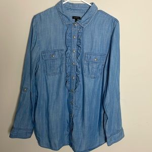 Talbots Denim Blue Ruffled front Button down Roll tab sleeve Top- Large